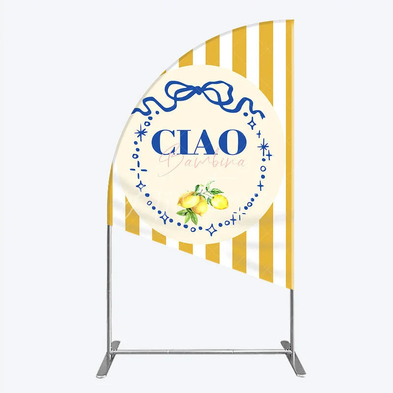 Aperturee - Aperturee Ciao Bambina Italian Themed Half Moon Arch Backdrop for Baby Shower Lemon and Blue Bow with Yellow Stripes Positano