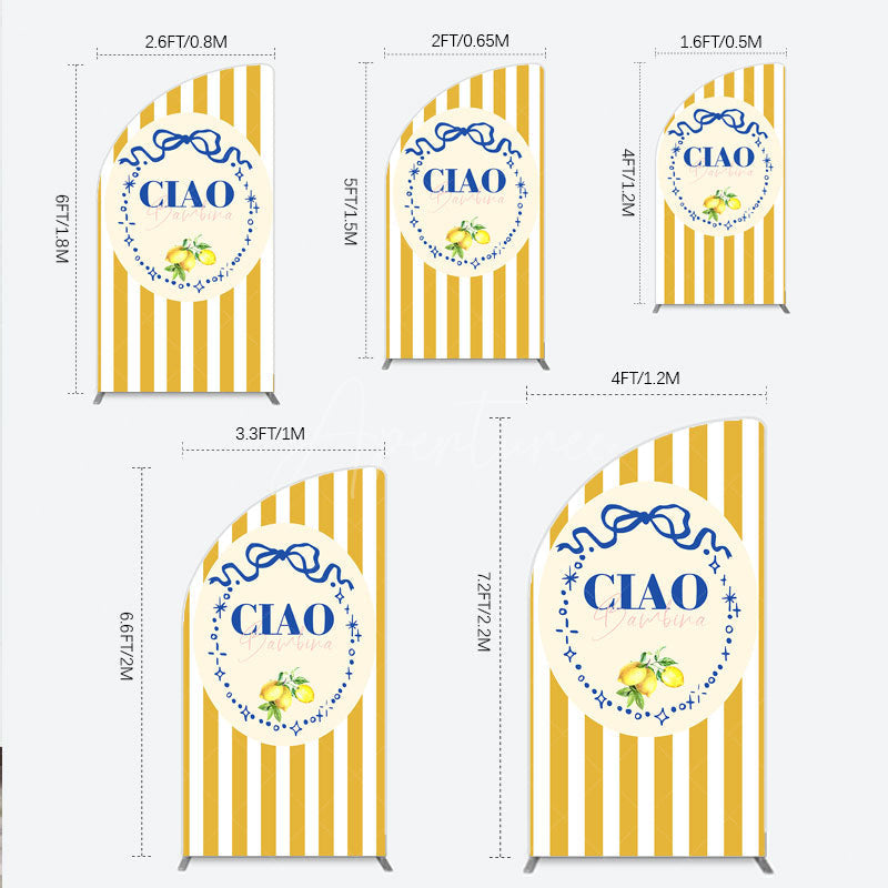 Aperturee - Aperturee Ciao Bambina Italian Themed Half Moon Arch Backdrop for Baby Shower Lemon and Blue Bow with Yellow Stripes Positano