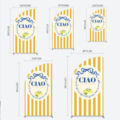 Aperturee - Aperturee Ciao Bambina Italian Themed Half Moon Arch Backdrop for Baby Shower Lemon and Blue Bow with Yellow Stripes Positano