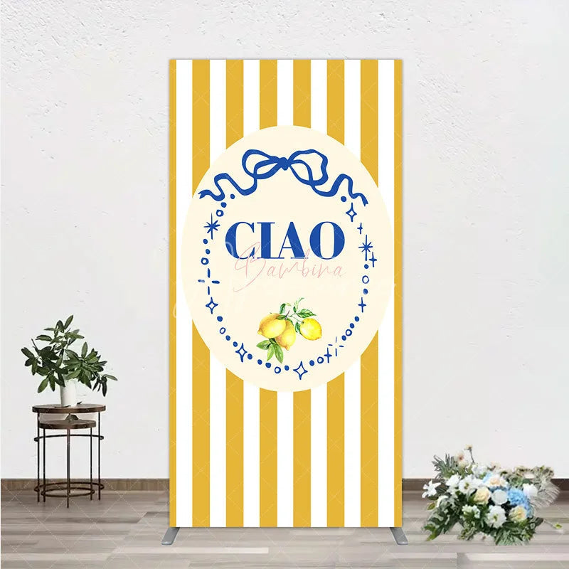 Aperturee - Aperturee Ciao Bambina Italian Themed Rectangle Backdrop for Baby Shower Lemon and Blue Bow with Yellow Stripes Positano Decor