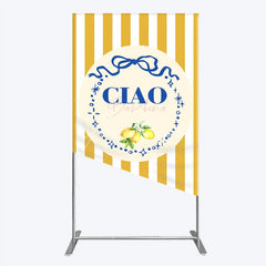 Aperturee - Aperturee Ciao Bambina Italian Themed Rectangle Backdrop for Baby Shower Lemon and Blue Bow with Yellow Stripes Positano Decor