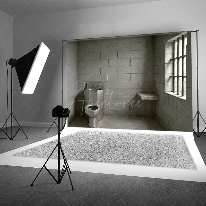Aperturee - Aperturee Cinder Block Jail Cell Photography Backdrop Prison Room with Barred Window for Gritty Themed Photo Shoots