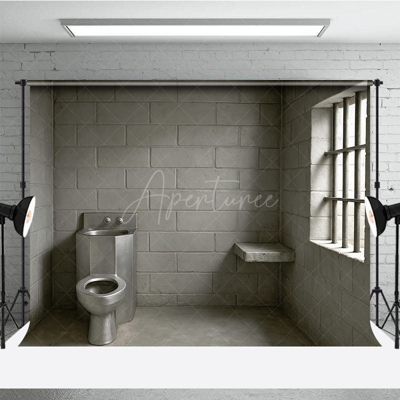 Aperturee - Aperturee Cinder Block Jail Cell Photography Backdrop Prison Room with Barred Window for Gritty Themed Photo Shoots