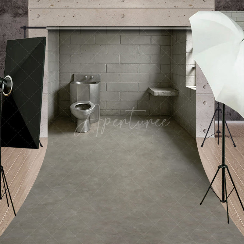 Aperturee - Aperturee Cinder Block Jail Cell Sweep Backdrop Prison Room with Barred Window for Gritty Themed Photo Shoots