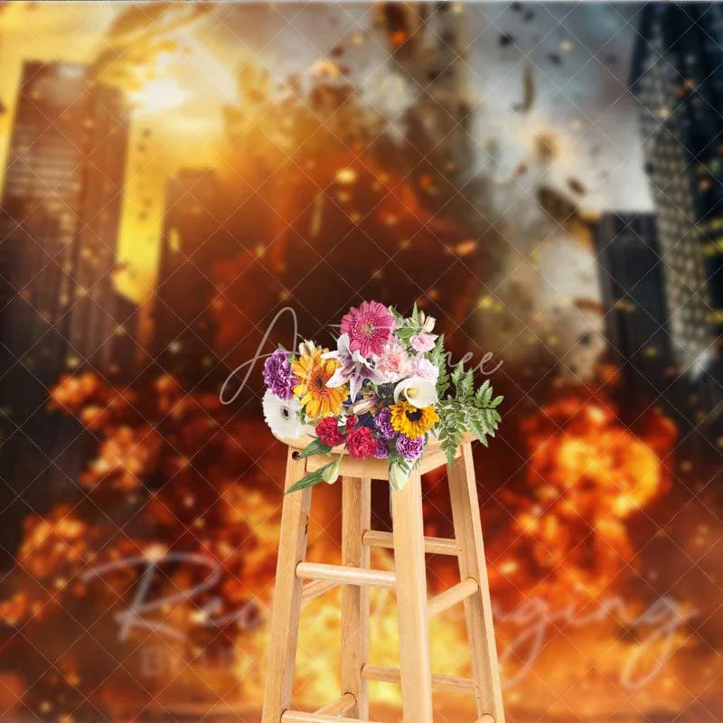 Aperturee - Aperturee City Explosion Fine Art Photography Backdrop Action Movie Destruction Fire Photo Background Superhero Battle Prop