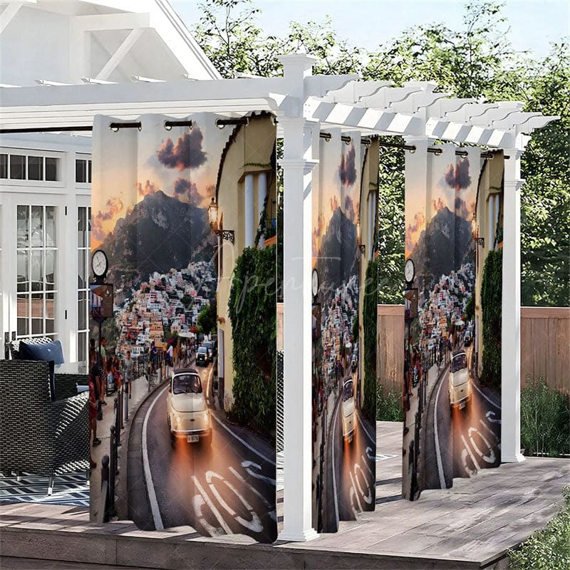 Aperturee - Aperturee City View Sunset Waterproof Printed Outdoor Curtains
