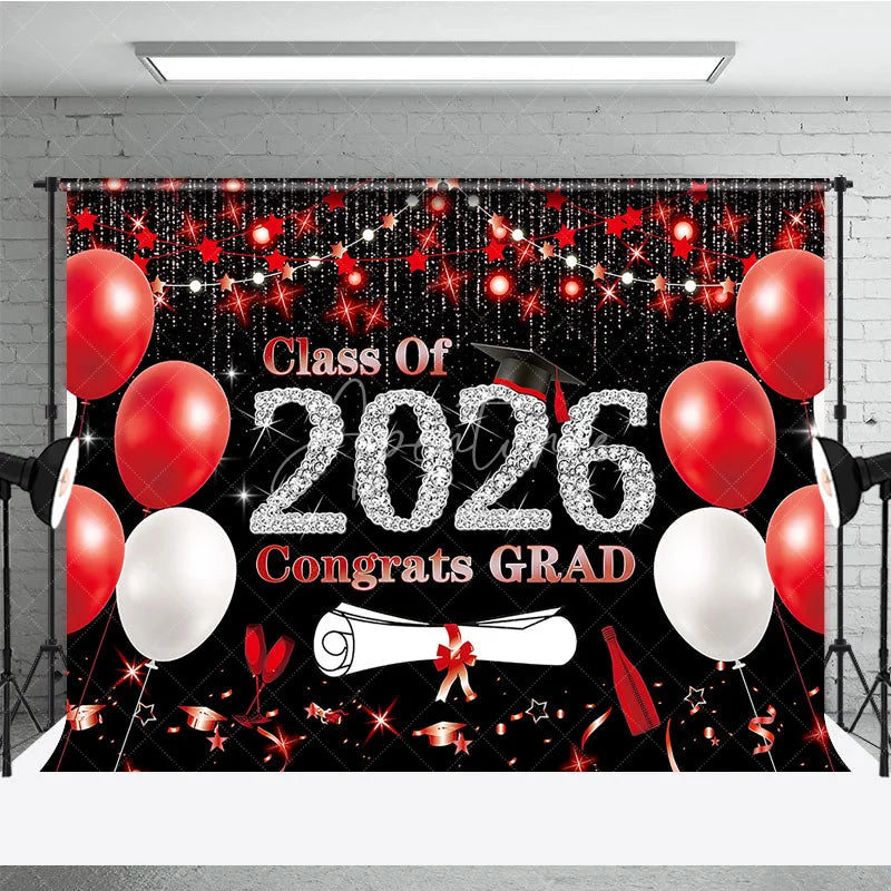 Aperturee - Aperturee Class of 2026 Graduation Backdrop Red and White Balloons Congrats Grad Diamond Text Photography Background