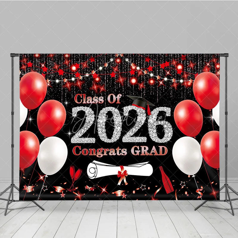 Aperturee - Aperturee Class of 2026 Graduation Backdrop Red and White Balloons Congrats Grad Diamond Text Photography Background
