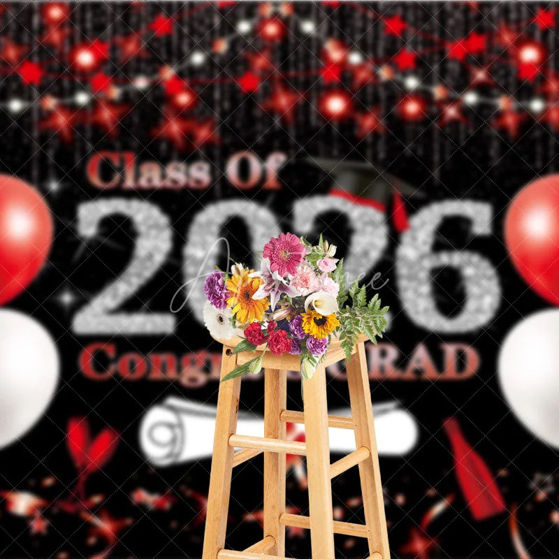 Aperturee - Aperturee Class of 2026 Graduation Backdrop Red and White Balloons Congrats Grad Diamond Text Photography Background