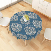 Aperturee - Aperturee Classic Beige Damask Floral Round Tablecloth Muted Blue Vintage Dining Decor