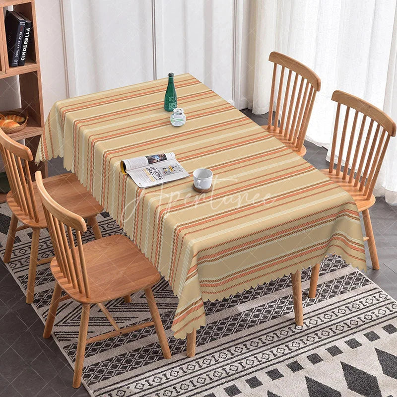 Aperturee - Aperturee Classic Beige Striped Rectangle Tablecloth Brown Line Pattern for Farmhouse Kitchen Dining Family Gathering