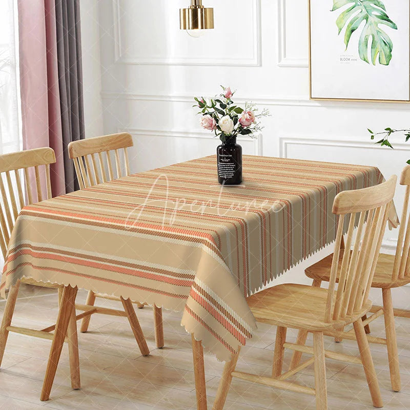 Aperturee - Aperturee Classic Beige Striped Rectangle Tablecloth Brown Line Pattern for Farmhouse Kitchen Dining Family Gathering