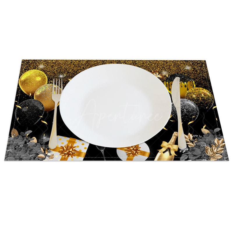 Aperturee - Aperturee Classic Black Gold Happy Birthday Set of 4 Placemats