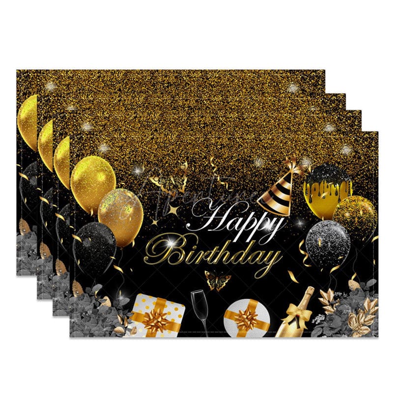 Aperturee - Aperturee Classic Black Gold Happy Birthday Set of 4 Placemats
