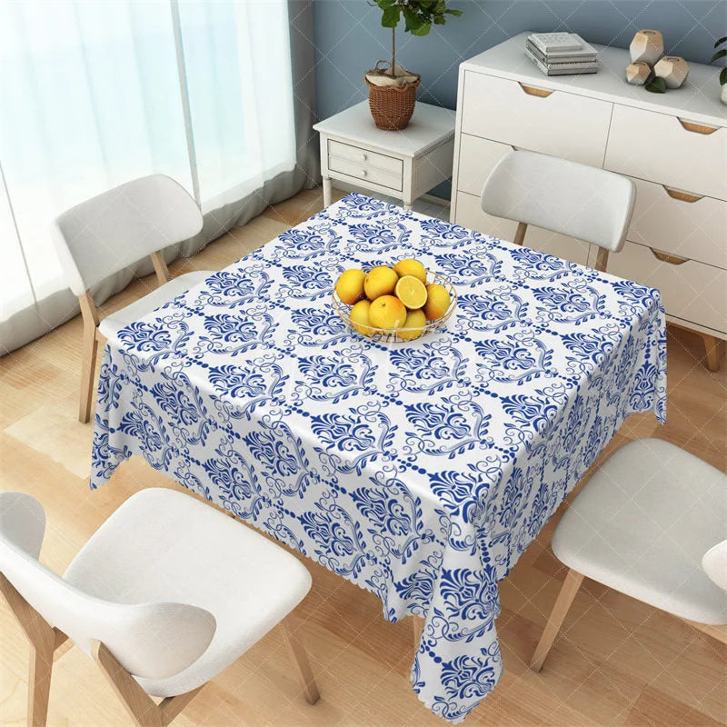 Aperturee - Aperturee Classic Blue Damask Floral Rectangle Tablecloth Baroque Pattern Table Cover for Elegant Dining