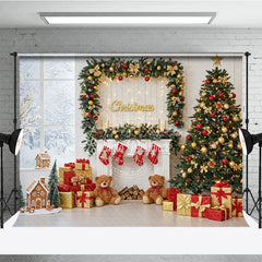 Aperturee - Aperturee Classic Christmas Fireplace Photography Backdrop Stockings Teddy Bears and Tree Holiday Photo Background