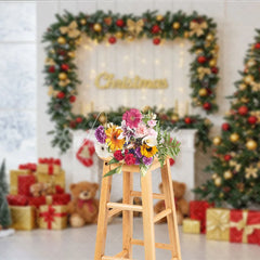 Aperturee - Aperturee Classic Christmas Fireplace Photography Backdrop Stockings Teddy Bears and Tree Holiday Photo Background