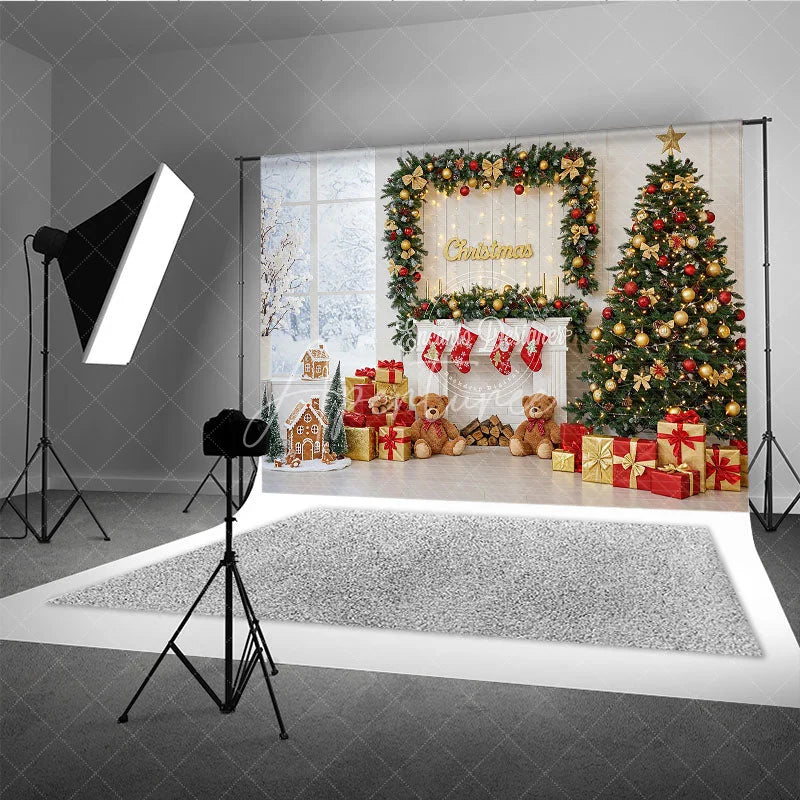 Aperturee - Aperturee Classic Christmas Fireplace Photography Backdrop Stockings Teddy Bears and Tree Holiday Photo Background