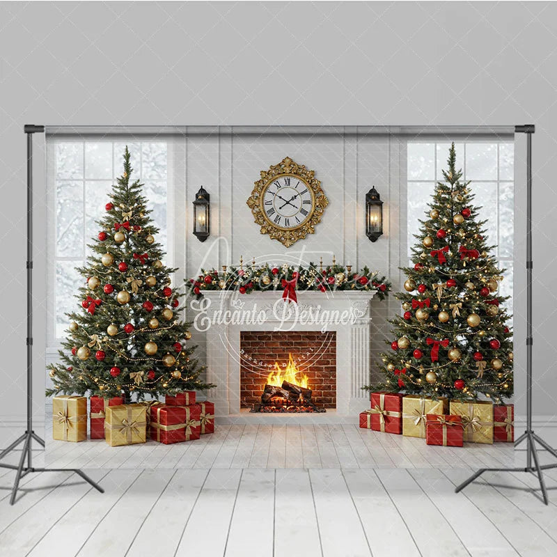 Aperturee - Aperturee Classic Christmas Fireplace Photography Backdrop White Mantle with Snowy Windows Holiday Mini Session Background