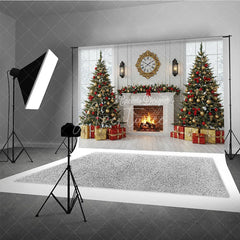 Aperturee - Aperturee Classic Christmas Fireplace Photography Backdrop White Mantle with Snowy Windows Holiday Mini Session Background