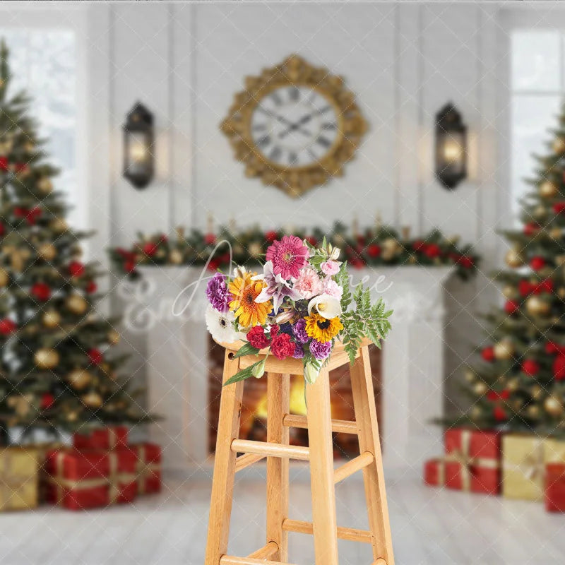 Aperturee - Aperturee Classic Christmas Fireplace Photography Backdrop White Mantle with Snowy Windows Holiday Mini Session Background