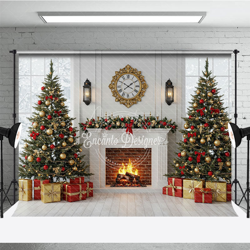 Aperturee - Aperturee Classic Christmas Fireplace Photography Backdrop White Mantle with Snowy Windows Holiday Mini Session Background