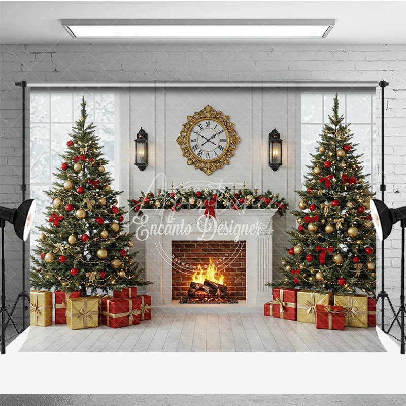 Aperturee - Aperturee Classic Christmas Fireplace Photography Backdrop White Mantle with Snowy Windows Holiday Mini Session Background