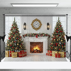 Aperturee - Aperturee Classic Christmas Fireplace Photography Backdrop White Mantle with Snowy Windows Holiday Mini Session Background