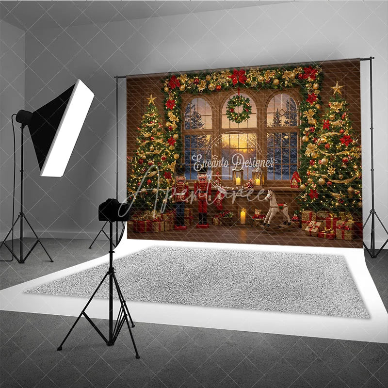 Aperturee - Aperturee Classic Christmas Toy Room Photography Backdrop Nutcrackers and Rocking Horse Holiday Mini Session Background