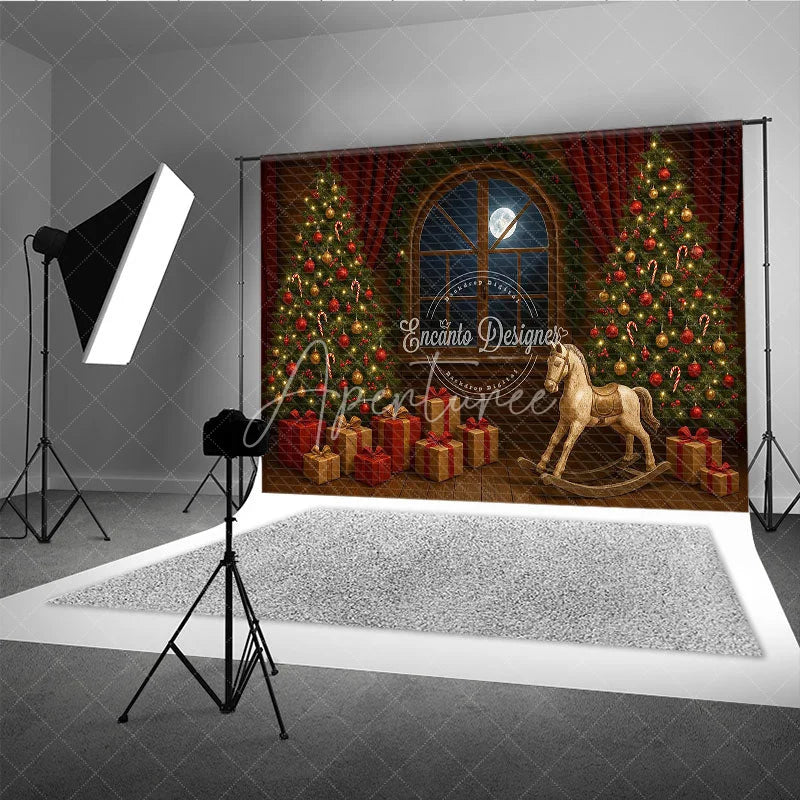 Aperturee - Aperturee Classic Christmas Toy Room Photography Backdrop Rocking Horse by the Full Moon Holiday Mini Session Background