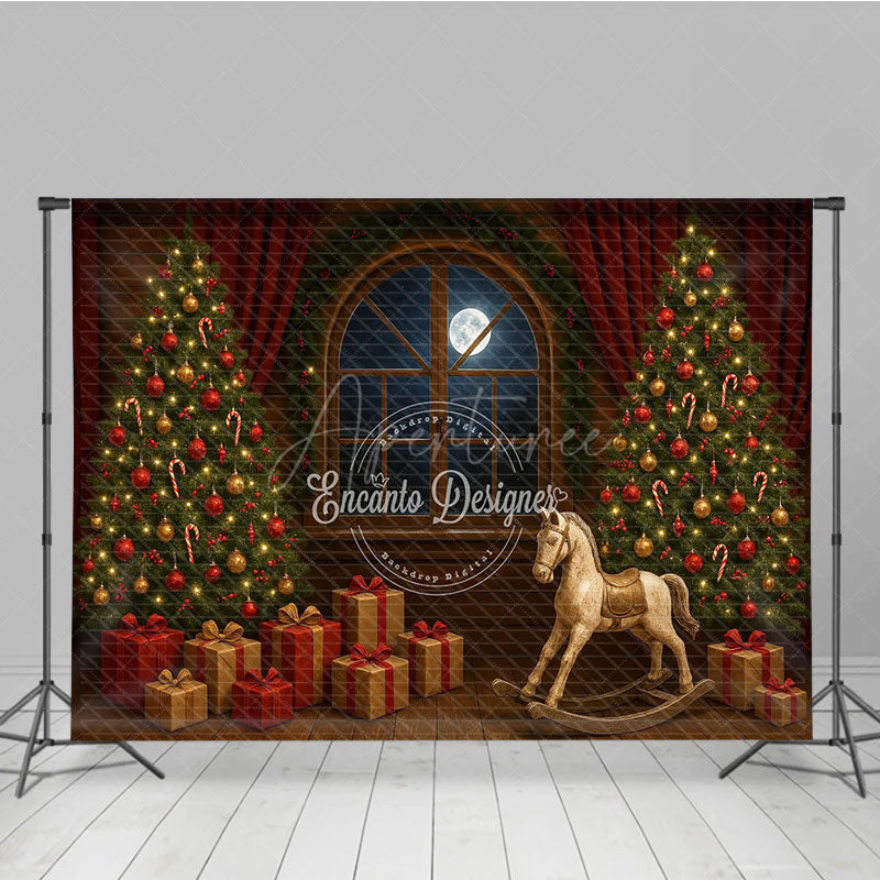 Aperturee - Aperturee Classic Christmas Toy Room Photography Backdrop Rocking Horse by the Full Moon Holiday Mini Session Background