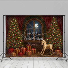Aperturee - Aperturee Classic Christmas Toy Room Photography Backdrop Rocking Horse by the Full Moon Holiday Mini Session Background
