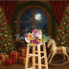 Aperturee - Aperturee Classic Christmas Toy Room Photography Backdrop Rocking Horse by the Full Moon Holiday Mini Session Background