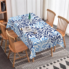 Aperturee - Aperturee Classic Dark and Light Blue Botanical Leaf Pattern Rectangle Tablecloth Elegant Dining Room Decor