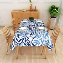 Aperturee - Aperturee Classic Dark and Light Blue Botanical Leaf Pattern Rectangle Tablecloth Elegant Dining Room Decor