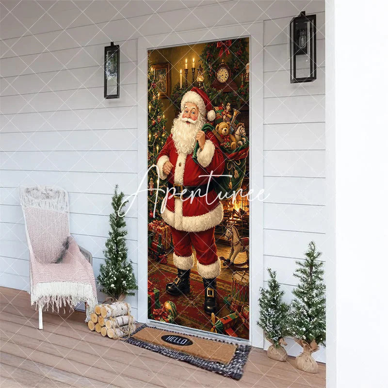Aperturee - Aperturee Classic Jolly Santa Claus with Gifts and Christmas Tree Fireplace Door Cover Festive Winter Holiday Party Decor