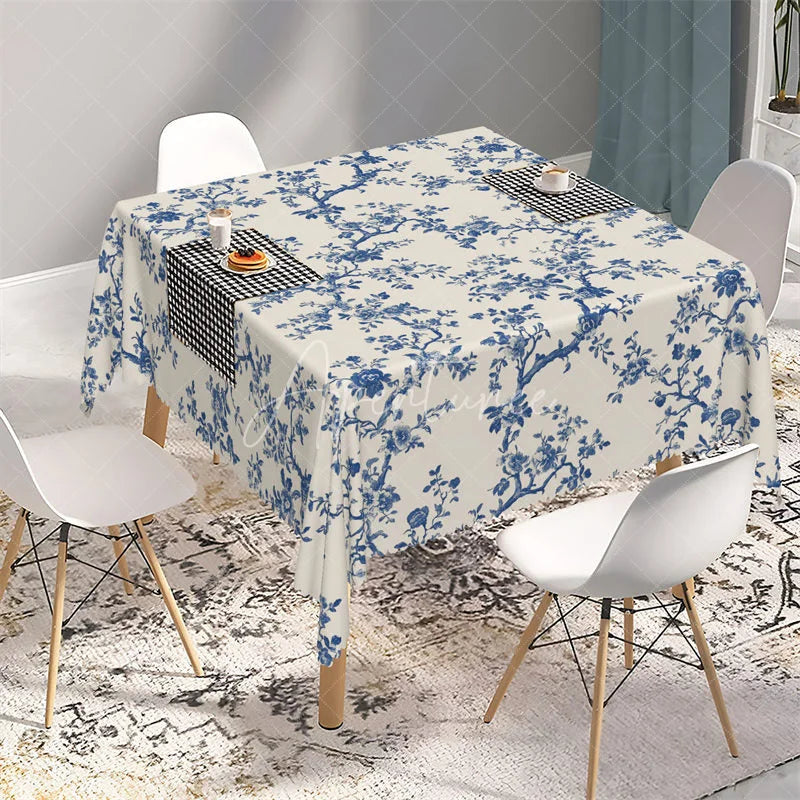 Aperturee - Aperturee Classic Navy Blue Toile Floral Rectangle Tablecloth Vintage Cream Branch Pattern Table Cover