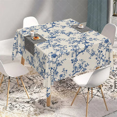 Aperturee - Aperturee Classic Navy Blue Toile Floral Rectangle Tablecloth Vintage Cream Branch Pattern Table Cover