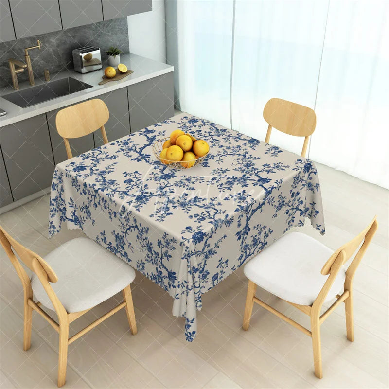 Aperturee - Aperturee Classic Navy Blue Toile Floral Rectangle Tablecloth Vintage Cream Branch Pattern Table Cover