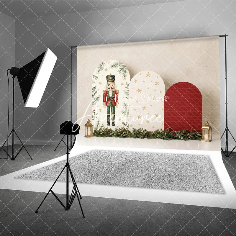 Aperturee - Aperturee Classic Nutcracker and Golden Stars Holiday Backdrop Festive Christmas Arch Panels with Garland Decor