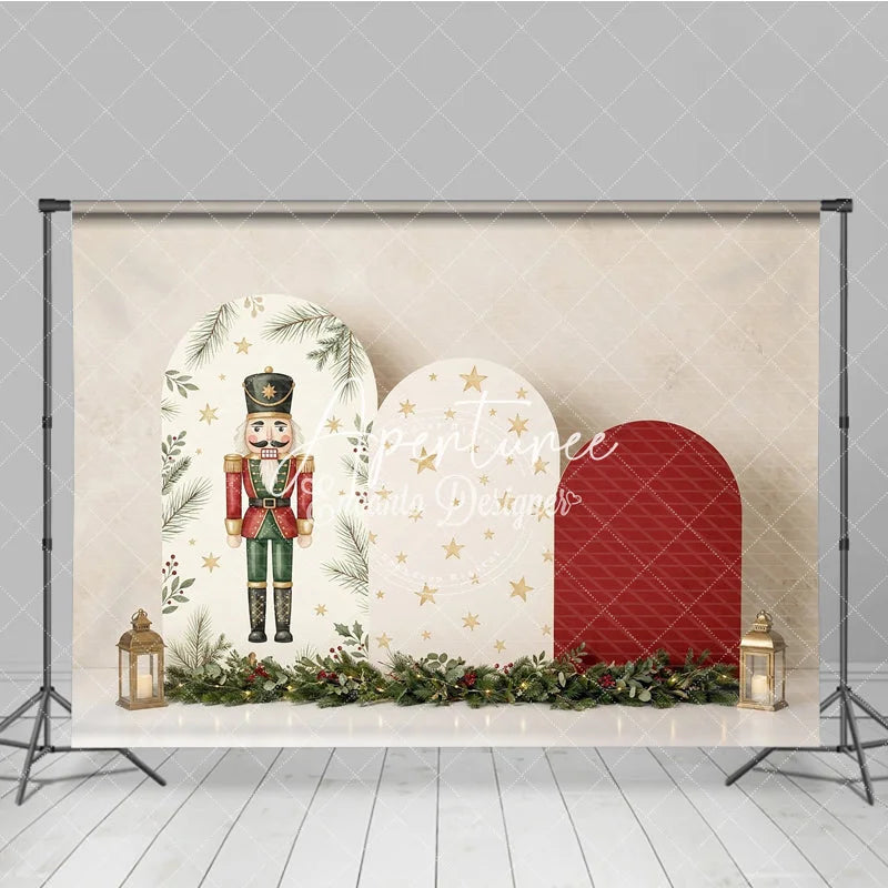 Aperturee - Aperturee Classic Nutcracker and Golden Stars Holiday Backdrop Festive Christmas Arch Panels with Garland Decor