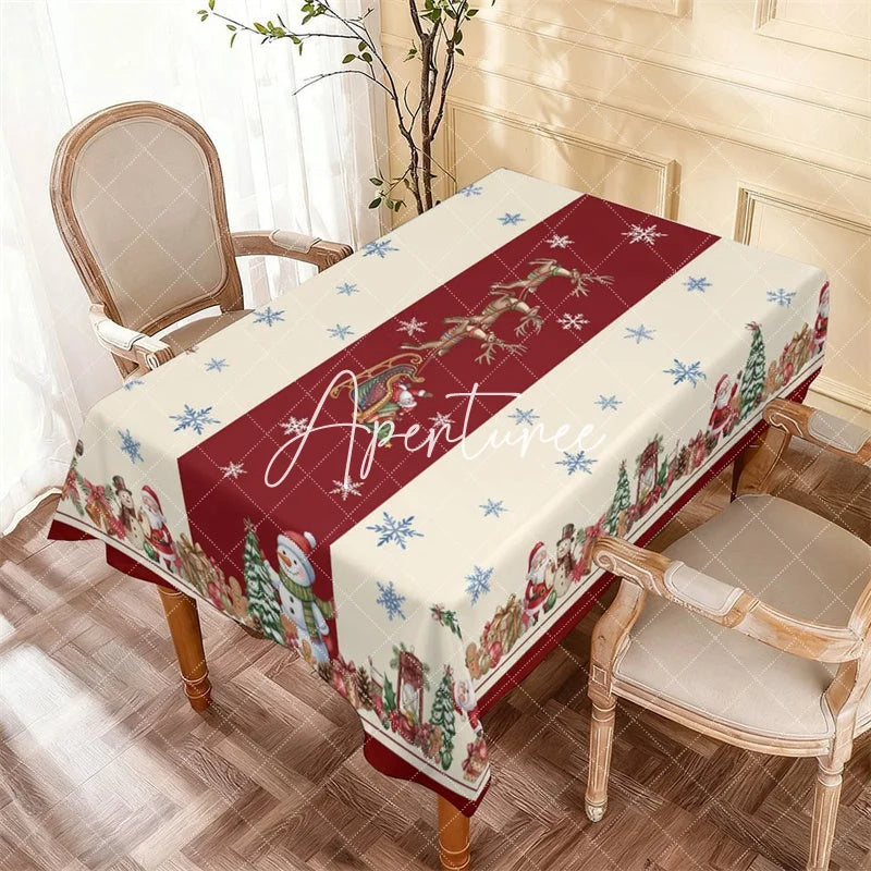 Aperturee - Aperturee Classic Red and Cream Christmas Santa Reindeer Rectangle Tablecloth Festive Holiday Party Decor with Snowmen