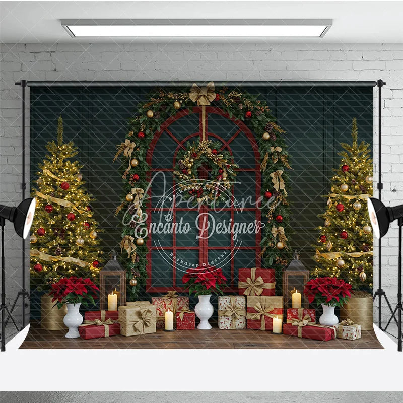 Aperturee - Aperturee Classic Red Christmas Window Photography Backdrop Poinsettia Garland with Trees Elegant Holiday Photo Background