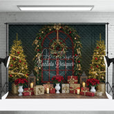 Aperturee - Aperturee Classic Red Christmas Window Photography Backdrop Poinsettia Garland with Trees Elegant Holiday Photo Background