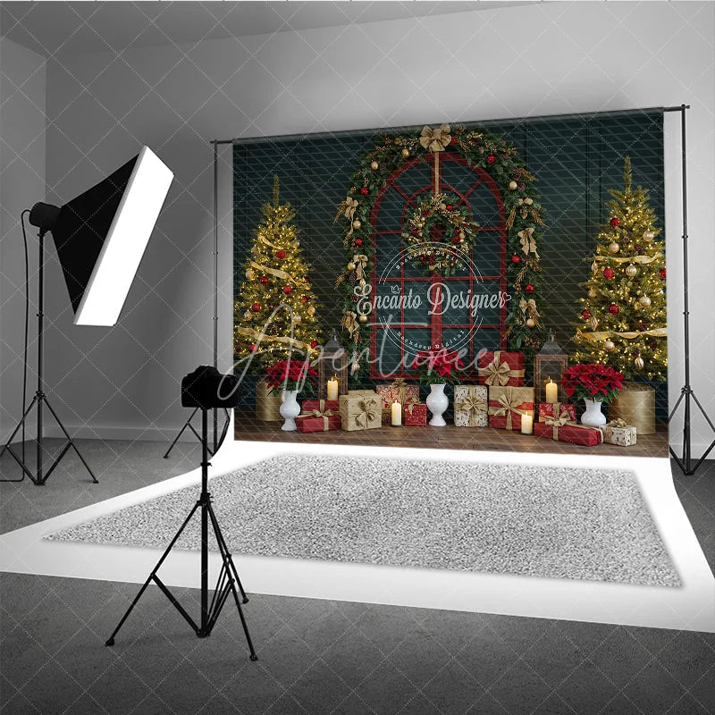 Aperturee - Aperturee Classic Red Christmas Window Photography Backdrop Poinsettia Garland with Trees Elegant Holiday Photo Background