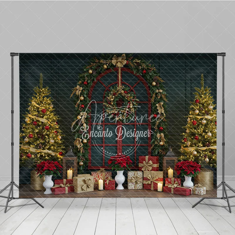 Aperturee - Aperturee Classic Red Christmas Window Photography Backdrop Poinsettia Garland with Trees Elegant Holiday Photo Background