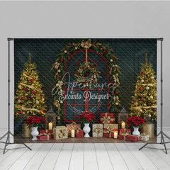 Aperturee - Aperturee Classic Red Christmas Window Photography Backdrop Poinsettia Garland with Trees Elegant Holiday Photo Background