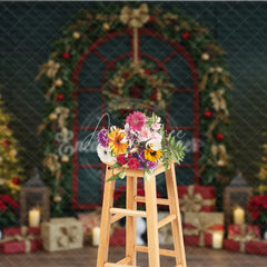 Aperturee - Aperturee Classic Red Christmas Window Photography Backdrop Poinsettia Garland with Trees Elegant Holiday Photo Background