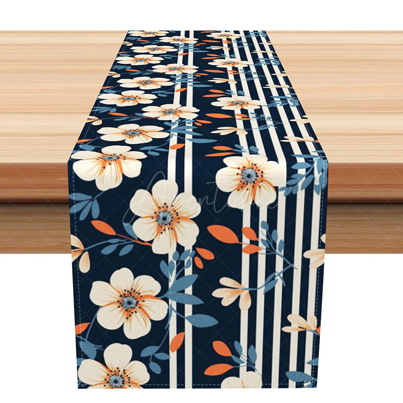Aperturee - Aperturee Classic Stripe and Floral Table Runner in Navy Blue for Traditional Dining Room and Holiday Table Decor