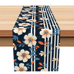 Aperturee - Aperturee Classic Stripe and Floral Table Runner in Navy Blue for Traditional Dining Room and Holiday Table Decor
